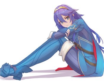 1girl absurdres amausa_subee blue_boots blue_eyes blue_gloves blue_hair blue_pants blue_tunic boots breasts cape closed_mouth fingerless_gloves fire_emblem fire_emblem_awakening full_body gloves hair_between_eyes highres knees_up long_hair looking_at_viewer lucina_(fire_emblem) nintendo pants simple_background sitting solo thigh_boots tiara tunic two-tone_cape white_background