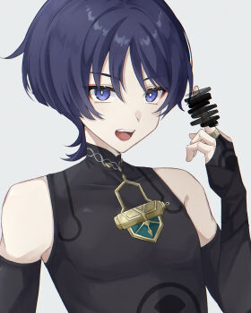 1boy absurdres black_gloves black_hair black_shirt black_sleeves blunt_ends censored commentary fingerless_gloves genshin_impact gloves grey_background hair_between_eyes highres japanese_clothes male_focus mandarin_collar middle_finger nya_inuha open_mouth purple_eyes purple_hair scaramouche_(genshin_impact) shirt short_hair short_sleeves solo wanderer_(genshin_impact)