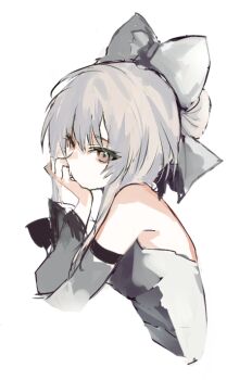 1girl bare_shoulders bow brown_eyes commentary cropped_torso detached_sleeves dress grey_bow grey_dress grey_hair grey_sleeves hair_bow hair_bun hand_up long_sleeves lpip original simple_background solo upper_body white_background