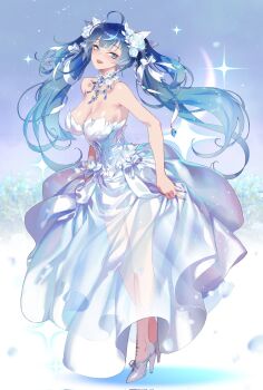 1girl bare_shoulders blue_eyes blue_hair breasts commentary dress full_body gradient_hair high_heels highres ina_(mikamixx) iuno_(wuthering_waves) large_breasts long_dress long_hair looking_at_viewer multicolored_hair open_mouth smile solo standing tacet_mark_(wuthering_waves) twintails wuthering_waves