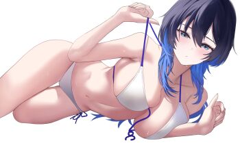 Rule 34 | 1girl, alternate costume, bikini, blue eyes, blue hair, breasts, colored inner hair, hashtag-only commentary, highres, hololive, hololive english, large breasts, lying, multicolored hair, navel, ouro kronii, si farid, simple background, solo, swimsuit, virtual youtuber, white background, white bikini