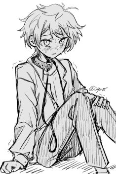 1boy akinashi_haru animal_collar arm_at_side blush collar commentary embarrassed english_commentary feet_out_of_frame jacket knees_up lapels leash looking_at_viewer male_focus no_shirt pants saihate_eki short_hair sitting solo squ15 suit_jacket