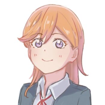 1girl blue_jacket closed_mouth collared_shirt gomadare4869 highres jacket looking_at_viewer love_live! love_live!_superstar!! neck_ribbon open_clothes open_jacket orange_hair portrait purple_eyes red_ribbon ribbon school_uniform shibuya_kanon shirt simple_background smile solo white_background white_shirt winter_uniform yuigaoka_school_uniform