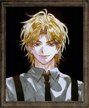 Rule 34 | 1boy, black background, black necktie, black suspenders, collared shirt, dio brando, ear birthmark, jojo no kimyou na bouken, light smile, male focus, necktie, nlgerunday0, parted bangs, phantom blood, portrait (object), red eyes, shirt, solo, white shirt