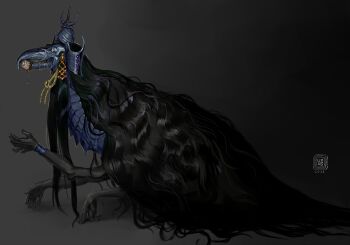 1other absurdres beak black_hair black_skin bracelet colored_skin commentary creature crown english_commentary gradient_background highres jewelry leo_of_grimland long_hair no_lips original solo teeth very_long_hair