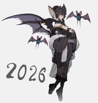 1girl 2026 absurdres animal_ears bat_ears bat_girl bat_wings black_dress black_hair breasts closed_mouth clothing_cutout commentary dress english_commentary gen_1_pokemon hair_bun highres lydia_the_bat medium_breasts nintendo no_bra original platform_sandals pokemon sandals simple_background tomatolover16 wings yellow_eyes zubat