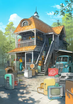 1girl absurdres aqua_pants balcony blender_(object) clothes_around_waist commentary_request dog door electric_fan highres house jacket jacket_around_waist jukebox minifridge motor_vehicle original outdoors pants pickup_truck ponytail radio railing scenery shirt short_sleeves side-view_mirror stairs stove television trash_can tree truck windshield yellow_shirt yoshida_seiji