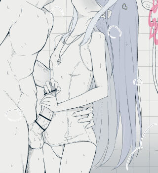 1boy 1girl bar_censor bare_shoulders bathroom blue_archive blush breasts cameltoe censored clothed_female_nude_male collarbone erection faceless fingernails fubuki_(blue_archive) fubuki_(swimsuit)_(blue_archive) hair_ornament halo hand_on_another's_hip handjob head_out_of_frame hetero highres loli long_hair looking_at_another looking_up mixed-sex_bathing monochrome niss_oekaki nude old_school_swimsuit one-piece_swimsuit penis penis_grab pink_halo school_swimsuit shared_bathing shower_(place) shower_head showering small_breasts spot_color standing steam swimsuit testicles thighs tile_wall tiles very_long_hair wet whistle whistle_around_neck