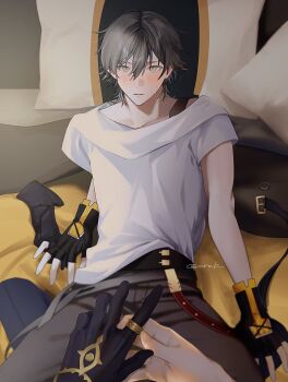 2boys artist_name astral_express_(honkai:_star_rail) belt black_belt black_gloves black_pants blanket blush caelus_(honkai:_star_rail) collarbone commentary_request fingerless_gloves fingernails gloves gold_ring grey_hair hair_between_eyes hands_up highres honkai:_star_rail honkai_(series) indoors kurashiki_(kas0) looking_at_another lying male_focus multiple_boys nervous on_back on_bed pants pillow shirt short_hair short_sleeves single_glove solo_focus spread_legs sunday_(honkai:_star_rail) sweatdrop t-shirt teeth trailblazer_(honkai:_star_rail) white_shirt yaoi