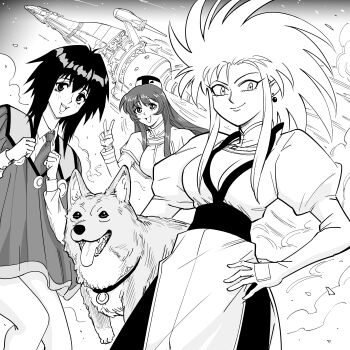 Rule 34 | 3girls, absurdres, animal, bb (baalbuddy), blush, breasts, cleavage, closed mouth, commentary, cowboy bebop, cowboy shot, crossover, dog, dress, earrings, ein (cowboy bebop), english commentary, feet out of frame, greyscale, hand on own hip, hands up, hat, highres, jacket, jewelry, kidou senkan nadesico, large breasts, long hair, long sleeves, melfina (outlaw star), misumaru yurika, monochrome, multiple girls, necktie, open mouth, outlaw star, outlaw star (spaceship), ryouko (tenchi muyou!), smile, smoke, spacecraft, spiked hair, standing, tenchi muyou!, v, welsh corgi