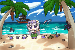 1girl beach bing_huyue bloop_(gawr_gura) blush_stickers bracelet chibi circlet coconut coconut_crab coconut_tree commentary conch dancing dolphin english_commentary flower flower_bracelet flower_necklace flying_whale gem gem_hair_ornament grass_skirt hair_flower hair_ornament hand_jewel hawaii hermit_crab highres hololive hololive_english hula jewelry koseki_bijou lei long_hair necklace ocean palm_tree pirate_ship purple_gemstone sand starfish tree virtual_youtuber whale