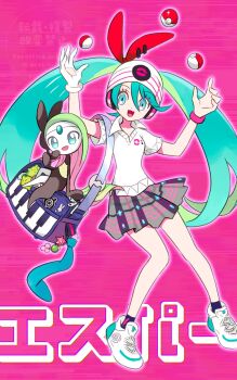 1girl black_socks blue_eyes blue_hair eyelashes gen_2_pokemon gen_5_pokemon gen_7_pokemon gloves hair_between_eyes hashtag-only_commentary hat hatsune_miku highres legendary_pokemon long_hair meloetta morelull mythical_pokemon nintendo open_mouth pink_background pleated_skirt poke_ball poke_ball_(basic) pokemon pokemon_(creature) project_voltage psychic_miku_(project_voltage) shirt shoes single_glove skirt socks toneko twintails unown very_long_hair vocaloid watermark white_gloves white_hat white_shirt white_shoes wristband