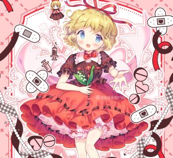 Rule 34 | 1girl, :d, amo (shibu3), black ribbon, black shirt, blonde hair, bloomers, blue eyes, bow, bowtie, collared shirt, commentary, cowboy shot, crossed bandaids, flower, frilled shirt collar, frills, hair ribbon, heart, highres, lily of the valley, looking at viewer, medicine melancholy, open mouth, petticoat, pill, reaching, reaching towards viewer, red bow, red bowtie, red ribbon, red skirt, ribbon, ribbon-trimmed skirt, ribbon-trimmed sleeves, ribbon trim, shirt, short hair, skirt, smile, solo, su-san, syringe, touhou, twitter username, underwear, white bloomers, white flower