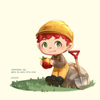 Rule 34 | 1boy, absurdres, animal crossing, apple, blush, commentary request, eating, food, friend code, fruit, full body, green eyes, grey shirt, hard hat, helmet, highres, hoishere7, male focus, nintendo, overalls, rock, shirt, shovel, solo, translation request, twitter username, villager (animal crossing), wavy mouth, yellow overalls