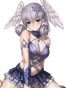 1girl bikini blue_eyes blush braid breasts curly_hair grey_hair hakusai_(hksicabb) head_wings highres long_hair looking_at_viewer medium_breasts melia_antiqua simple_background smile solo swimsuit wings xenoblade_chronicles_(series) xenoblade_chronicles_1