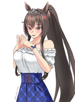 1girl animal_ears blue_skirt brown_hair commentary_request cosplay cowboy_shot daiwa_scarlet_(casual)_(umamusume) daiwa_scarlet_(umamusume) daiwa_scarlet_(umamusume)_(cosplay) frilled_shirt frills horse_ears kantai_collection one-hour_drawing_challenge plaid_clothes plaid_skirt ponytail red_eyes rekka_yamato shirt sidelocks simple_background skirt solo steepled_fingers tiara umamusume white_background yamato_(kancolle)