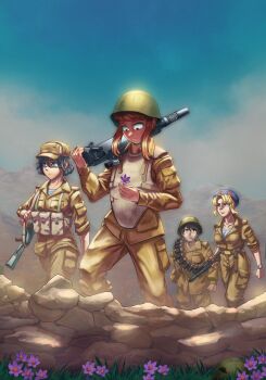 Rule 34 | 4girls, absurdres, ammunition belt, artist collaboration, balalaika (black lagoon), black hair, black lagoon, blonde hair, blue eyes, blue helmet, blue shirt, body armor, brown hair, brown jacket, brown pants, cargo pants, carrying over shoulder, combat helmet, commentary, dust, english commentary, flower, fluffkaiser, fyugins png, gun, helmet, highres, holding, holding flower, jacket, kalashnikov rifle, load bearing equipment, long hair, multiple girls, original, outdoors, pants, shirt, soviet army, striped clothes, striped shirt, telnyashka, vdv, war in afghanistan, weapon, weapon request