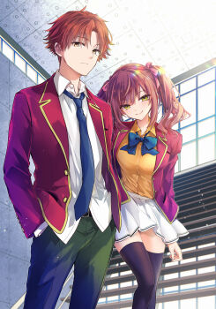 1boy 1girl advanced_nurturing_high_school_uniform amasawa_ichika ayanokouji_kiyotaka black_thighhighs blazer blue_bow blue_bowtie blue_necktie bow bowtie brown_hair closed_mouth collared_shirt commentary_request cover cover_page green_eyes green_pants hachigou hair_ribbon hand_in_pocket highres indoors jacket looking_at_viewer medium_hair necktie official_art open_clothes open_jacket pants pink_ribbon pleated_skirt red_jacket ribbon school_uniform second-party_source shirt short_hair skirt smile stairs thighhighs twintails untucked_shirt white_shirt white_skirt yellow_shirt youkoso_jitsuryoku_shijou_shugi_no_kyoushitsu_e