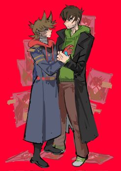 Rule 34 | 2boys, animification, antenna hair, bandaged neck, bandages, beard stubble, belt, black boots, black coat, black sclera, blue coat, boots, brown eyes, brown hair, brown pants, burn scar, buttons, coat, colored sclera, corrupted twitter file, cyborg, double-breasted, drawstring, edd (eddsworld), eddsworld, eye contact, facial hair, flipped hair, from side, frown, full body, future edd (eddsworld), grabbing another's arm, green hoodie, green shoes, hair ears, height difference, highres, hood, hood down, hoodie, kuangzihaixing, lapels, long coat, long sleeves, looking at another, male focus, mature male, mechanical arms, military coat, military uniform, multiple boys, open clothes, open coat, pants, profile, prosthesis, prosthetic arm, red belt, red eyes, red hoodie, red leader (eddsworld), scar, shoes, short hair, shoulder boards, single mechanical arm, sneakers, standing, stubble, tord (eddsworld), trench coat, wanted poster