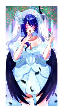 1girl absurdres amaidraws asymmetrical_horns bare_shoulders black_feathers black_wings blue_hair border breasts cleavage commentary cowboy_shot demon_horns dress english_commentary feathered_wings feathers glowing glowing_eyes heart highres hololive hololive_english horns large_breasts long_hair low_wings nerissa_ravencroft open_mouth oyomeholic_(nerissa_ravencroft) see_veil solo strapless strapless_dress teeth tongue tongue_out uneven_horns veil virtual_youtuber white_border white_dress white_veil wings