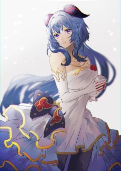 Rule 34 | 1girl, absurdres, bare shoulders, black pantyhose, blue hair, cowboy shot, cup, dress, drinking glass, elbow gloves, flower, ganyu (genshin impact), genshin impact, gloves, goat horns, highres, holding, holding cup, horns, jewelry, long hair, looking at viewer, necklace, pantyhose, parted lips, purple eyes, rayla (rayla illust), red flower, red rose, rose, sidelocks, solo, strapless, strapless dress, very long hair, white background, white dress, white gloves, wine glass