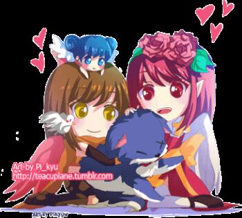 2girls animal animal_on_shoulder animated animated_gif arch_bishop_(ragnarok_online) bird bird_on_shoulder blinking boots brown_boots brown_gloves brown_hair brown_scarf closed_mouth commentary cross dress english_commentary flower full_body gloves hair_flower hair_ornament heart juliet_sleeves lady_solace long_sleeves looping_animation lowres multiple_girls open_mouth pink_flower pink_rose pkyu pointy_ears puffy_sleeves ragnarok_online ranger_(ragnarok_online) red_dress red_eyes red_hair rose sash scarf short_hair simple_background sitting smile thighhighs transparent_background two-tone_dress white_dress white_thighhighs wolf yellow_eyes yellow_sash