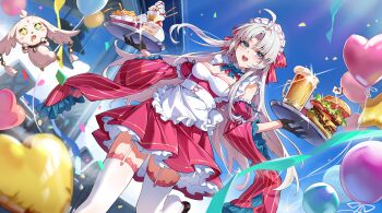 1girl abby_(wuthering_waves) absurdres ahoge alternate_costume apron aqua_eyes balloon bare_shoulders beer_mug black_gloves blue_sky bow breasts burger carlotta_(wuthering_waves) chinese_commentary cleavage commentary_request cup day detached_sleeves dress dutch_angle earrings enmaided fast_food food garter_straps gloves grey_hair hair_bow heart_balloon highres holding holding_tray jewelry long_hair maid maid_headdress medium_breasts mug open_mouth outdoors parted_bangs pink_bow pink_dress shenqi_xiao_hong_zai_nali sky smile striped_bow thighhighs thighs tray white_garter_straps white_thighhighs wuthering_waves