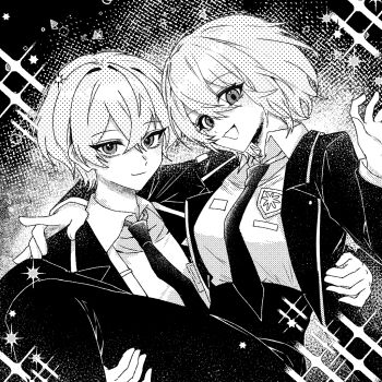 1boy 1girl bishie_sparkle breasts carrying closed_mouth collared_shirt crossed_bangs don_quixote_(project_moon) emblem fingernails greyscale hair_between_eyes hand_on_another&#039;s_shoulder hands_up hetero high-waist_pants id_card jacket lapels limbus_company long_sleeves looking_at_viewer medium_breasts monochrome necktie open_clothes open_jacket open_mouth pants princess_carry project_moon shirt short_hair sinclair_(project_moon) smile sparkle star_(symbol) suspenders triangle upper_body yama_0511