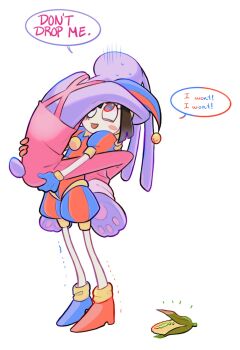 1boy 1girl armpits asymmetrical_footwear asymmetrical_gloves black_hair blue_footwear blue_gloves carrying carrying_person corn corn_cob english_text furry furry_male gloves hat highres jaidenstar jax_(the_amazing_digital_circus) jester jester_cap jester_costume jester_girl jester_outfit mismatched_footwear mismatched_gloves multicolored_eyes overalls pomni_(the_amazing_digital_circus) purple_fur rabbit_boy rabbit_ears rabbit_tail red_footwear red_gloves size_difference sweat the_amazing_digital_circus trembling