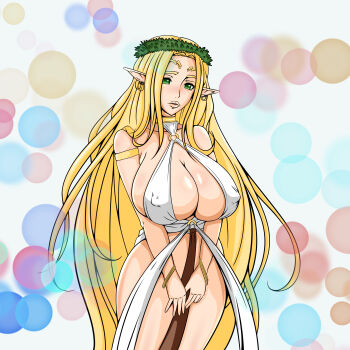 1girl absurdres blonde_hair breasts celestine_lucullus corpa green_eyes highres huge_breasts kuroinu_~kedakaki_seijo_wa_hakudaku_ni_somaru~ long_hair pointy_ears solo