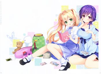 2girls :d absurdres animal_print bird black_footwear blonde_hair blue_dress blue_ribbon blue_skirt blush book breasts bug butterfly butterfly_print casual closed_mouth collarbone copyright_name cow dress duck feet_out_of_frame floating_hair frilled_dress frilled_sleeves frills green_eyes hair_intakes hair_ornament hand_on_own_cheek hand_on_own_face hand_up high-waist_skirt highres holding holding_book holding_photo insect kappa knees_together_feet_apart large_breasts long_hair looking_at_viewer low_ponytail mary_janes mizuori_shizuku mouse_(animal) multiple_girls nagayama_yuunon neck_ribbon official_alternate_costume official_art open_book open_mouth photo_(object) ponytail puffy_short_sleeves puffy_sleeves purple_eyes purple_hair ribbon scan shirt shoes short_dress short_sleeves side-by-side sidelocks simple_background sitting skirt small_breasts smile socks star_(symbol) stuffed_animal stuffed_toy summer_pockets teddy_bear tsumugi_wenders twintails very_long_hair white_background white_shirt white_socks x_hair_ornament yokozuwari
