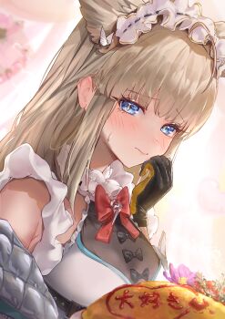 Rule 34 | 1girl, absurdres, animal ears, apron, arknights, arknights: endfield, bird ears, bird girl, black gloves, blonde hair, blue eyes, blush, breasts, closed mouth, commentary request, extra ears, food, gloves, highres, jacket, maid, maid apron, maid headdress, nekoplanetouo, nervous smile, omelet, omurice, open clothes, open jacket, perlica (arknights), smile, solo, sweatdrop, white jacket