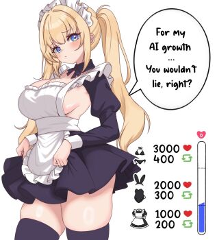1girl ani_(xai) apron black_dress black_thighhighs blonde_hair blue_eyes breasts cleavage clothes_lift commentary cowboy_shot detached_collar dress english_commentary english_text hair_between_eyes hair_intakes large_breasts lifting_own_clothes like_and_retweet long_hair looking_at_viewer maid_apron maid_headdress moshiedraws progress_bar sideboob sidelocks skirt skirt_lift solo talking thighhighs twintails twitter_strip_game xai_(company)