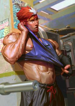 1boy abs arm_up bara beard black_pants blue_eyes blue_tank_top clothes_lift commentary commission cowboy_shot english_commentary facial_hair facial_scar gym headband heterochromia indie_virtual_youtuber indoors male_focus mocucumo multicolored_hair navel nipples open_mouth pants pectorals red_hair ryuugen_drake scar scar_on_cheek scar_on_face scar_on_shoulder shirt_lift solo standing tank_top virtual_youtuber white_hair yellow_eyes