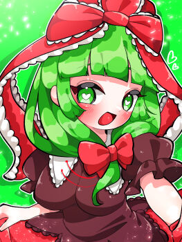 1girl absurdres blush breasts commentary dress front_ponytail green_background green_eyes green_hair hair_ribbon heart heart-shaped_pupils highres kagiyama_hina komugi_zora long_hair looking_at_viewer medium_breasts open_mouth puffy_short_sleeves puffy_sleeves red_dress red_ribbon ribbon short_sleeves solo symbol-shaped_pupils touhou upper_body