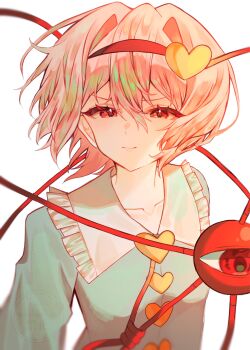 Rule 34 | 1girl, blue shirt, closed mouth, collarbone, commentary request, frills, hair between eyes, hairband, highres, komeiji satori, long sleeves, looking at viewer, pink eyes, pink hair, shirt, short hair, smile, solo, third eye, touhou, upper body, ussame, white background