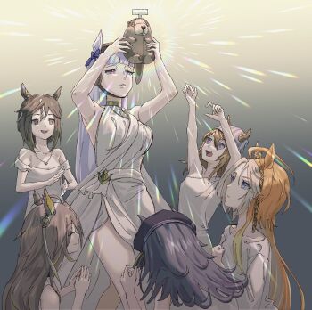 6+girls beret black_hair blonde_hair blue_eyes blunt_bangs brown_eyes brown_hair closed_eyes collarbone commentary_request dream_journey_(umamusume) dress fenomeno_(umamusume) gold_ship_(umamusume) gradient_hair hat hawawa_(hawawauma) heart heart_necklace highres holding holding_stuffed_toy horse_girl jewelry long_hair matching_outfits multicolored_hair multiple_girls nakayama_festa_(umamusume) necklace off-shoulder_dress off_shoulder orange_hair orfevre_(umamusume) pink_eyes purple_eyes reaching reaching_towards_another shining short_hair smile sparkle standing stay_gold_(umamusume) stay_gold_clan_(umamusume) streaked_hair stuffed_animal stuffed_beaver stuffed_toy umamusume white_dress white_hair