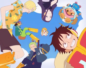 2025 2girls 5boys absurdres antlers black_hair blonde_hair cigarette coat curly_eyebrows facial_hair facial_scar green_hair grin hair_over_one_eye hands_in_pockets hawaiian_shirt highres horns jacket looking_at_viewer monkey_d._luffy monkey_d._luffy_(egghead) multiple_boys multiple_girls nami_(one_piece) nami_(one_piece)_(egghead) nico_robin nico_robin_(egghead) ntuki_oo3 official_alternate_costume one-eyed one_piece open_mouth orange_hair radio_antenna reindeer reindeer_antlers roronoa_zoro roronoa_zoro_(egghead) sanji_(one_piece) sanji_(one_piece)_(egghead) scar scar_across_eye scar_on_cheek scar_on_face shirt smile teeth tony_tony_chopper tony_tony_chopper_(egghead) upper_teeth_only usopp usopp_(egghead)