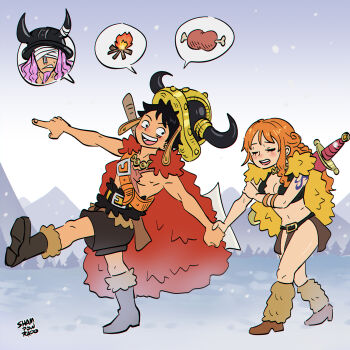 1girl 2boys artist_name axe bandage_over_one_eye bangle belt belt_buckle black_hair black_shorts blush boned_meat bracelet braid brown_loincloth buckle campfire cape capelet choker commentary crop_top english_commentary fake_horns food fur_cape fur_capelet fur_leg_warmers helmet highres holding_hands horned_helmet horns jewelry leg_warmers loincloth loki_(one_piece) long_hair looking_at_another meat midriff monkey_d._luffy mountainous_horizon multiple_boys nami_(one_piece) navel official_alternate_costume official_alternate_hairstyle one_piece open_mouth orange_hair outdoors pointing pointing_forward purple_hair red_cape shampowrado shorts shoulder_tattoo single_braided_sidelock snow snowing sword sword_on_back tattoo walking weapon weapon_on_back yellow_capelet