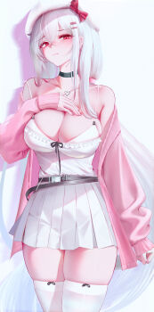 1girl :3 absurdres arknights bare_shoulders belt black_belt black_choker bow breasts camisole cardigan choker cleavage closed_mouth collarbone commentary_request crossed_bangs frilled_shirt frills front-tie_top g11_and_bang hair_between_eyes hair_ornament hairclip hand_on_own_chest hand_up hat hat_bow heart heart_necklace highres jewelry large_breasts long_hair long_sleeves looking_at_viewer loose_belt miniskirt necklace off_shoulder parallel_hairclips pink_cardigan pleated_skirt red_bow red_eyes shirt shirt_tucked_in sidelocks simple_background skadi_(arknights) skirt sleeveless sleeves_past_wrists smile solo spaghetti_strap standing thighhighs thighs very_long_hair white_background white_camisole white_hair white_hat white_skirt white_thighhighs