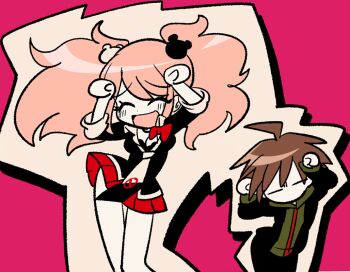 Rule 34 | 1boy, 1girl, ahoge, arms up, bear hair ornament, black jacket, black pants, blush, caramelldansen, closed eyes, danganronpa: trigger happy havoc, danganronpa (series), enoshima junko, eyelashes, hair ornament, hood, hood down, jacket, long sleeves, naegi makoto, open mouth, pants, pink background, popotan, red skirt, sameyama jiro, skirt, twintails