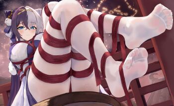 1girl absurdres artist_request azur_lane bdsm black_hair blue_eyes blush bound bound_legs bound_torso breasts chinese_commentary closed_mouth commentary_request commission cone_hair_bun double_bun dress dutch_angle feet foot_focus foreshortening from_below gold_hairband hair_bun hair_intakes hair_ornament hairband highres large_breasts legs long_hair looking_at_viewer multicolored_hair no_shoes outdoors pantyhose pom_pom_(clothes) pom_pom_hair_ornament purple_dress rope second-party_source sitting smile soles solo split-color_hair split_mouth thighs toes torii twintails two-tone_dress two-tone_hair variant_set very_long_hair white_dress white_hair white_pantyhose x_hair_ornament ying_swei_(azur_lane)