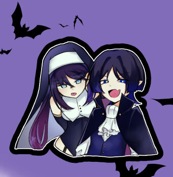 Rule 34 | 1boy, 1girl, :p, alternate costume, arms at sides, ascot, bat (animal), black cloak, black collar, black hair, black leotard, black sleeves, black veil, black vest, blue eyes, blunt bangs, blunt ends, bright pupils, cloak, coif, collar, commentary, cropped torso, detached sleeves, fang, garter straps, genshin impact, guimpe, hair between eyes, halloween, halloween costume, high collar, highleg, highleg leotard, highres, kgt1mzp8wzk83g6, leaning forward, leotard, long hair, long sleeves, looking at viewer, mona (genshin impact), nun, open mouth, outline, pointy ears, purple background, purple cloak, purple hair, scaramouche (genshin impact), sidelocks, skin fang, swept bangs, symbol-only commentary, tongue, tongue out, tsurime, twintails, two-sided cloak, two-sided fabric, vampire costume, veil, vest, white ascot, white collar, white outline, white pupils, white sleeves, wispy bangs