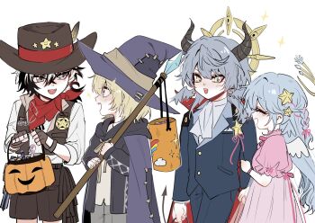 1girl 3boys :d ^_^ aged_down ascot aventurine_(honkai:_star_rail) badge bandana bandana_around_neck black_cape black_hair black_hoodie black_horns black_tail blonde_hair blue_hair blue_jacket blue_pants blush boothill_(honkai:_star_rail) braid brother_and_sister brown_gloves brown_hat brown_ribbon brown_shorts brown_vest buttons candy candy_cane cape child closed_eyes collared_cape commentary cowboy_hat cowboy_shot cross cross_earrings crossed_bangs demon_boy demon_horns demon_tail dress earrings eye_contact fairy_wings fangs feathered_wings fingerless_gloves food frilled_sleeves frills gloves grey_eyes grey_hair grey_shorts grey_wings hair_between_eyes hair_ornament halloween halloween_bucket halloween_costume halo halo_behind_head hand_up hands_up hat hat_feather head_wings highres holding holding_hands holding_staff holding_wand honkai:_star_rail honkai_(series) hood hood_down hoodie horns jacket jewel_under_eye jewelry kakavasha_(honkai:_star_rail) long_hair long_sleeves looking_at_another looking_to_the_side low_ponytail medium_hair mole mole_under_eye multicolored_hair multiple_boys nima_(khn1103) open_clothes open_mouth open_vest pants patchwork_clothes pink_dress pink_ribbon ponytail popped_collar puffy_short_sleeves puffy_sleeves purple_cape purple_eyes purple_hat red_bandana red_cape ribbon robin_(honkai:_star_rail) sheriff_badge shirt shirt_tucked_in short_hair short_sleeves shorts siblings simple_background single_braid sleeves_rolled_up smile sparkle staff standing star_(symbol) star_hair_ornament star_wand streaked_hair sunday_(honkai:_star_rail) symbol-only_commentary tail teeth torn_clothes torn_shirt two-sided_cape two-sided_fabric upper_teeth_only vest wand white_ascot white_background white_hair white_shirt white_wings wings witch_hat yellow_eyes