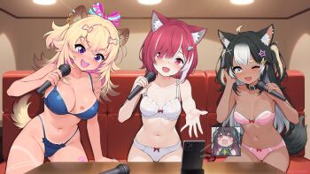 4girls absurdres ahoge animal_ear_fluff animal_ears belly black_hair blonde_hair blue_bra blue_panties bow bra breasts cat_ears ceiling ceiling_light cellphone commission commissioner_upload couch dog_tail ear_piercing eroneko_senpai eyebrows_hidden_by_hair eyelashes green_eyes hair_bow hair_ornament hair_ribbon hairclip highres karaoke long_hair lyko_lianna microphone multicolored_hair multiple_girls music navel one_eye_closed open_mouth panties phone piercing pink_bra pink_eyes pink_panties poma_pon purple_eyes rara_rocora red_hair ribbon short_hair singing smartphone star_(symbol) star_hair_ornament tail teeth terra_404 tongue underwear underwear_only v4mirai virtual_youtuber white_bra white_panties wink x_hair_ornament