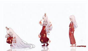 1girl absurdly_long_hair absurdres alternate_costume barefoot blood blood_on_clothes blood_on_face blood_on_feet blood_on_hands boots bow closed_mouth commentary_request expressionless fire fujiwara_no_mokou fujiwara_no_mokou_(young) grey_hair grey_shirt hair_bow highres japanese_clothes kimono long_hair long_sleeves multiple_hair_bows multiple_views ninzin_88hon ofuda ofuda_on_clothes open_mouth pants pyrokinesis red_boots red_eyes red_kimono red_pants reflection reflective_floor sad shirt simple_background squatting suspenders toes touhou very_long_hair watermark white_background white_bow