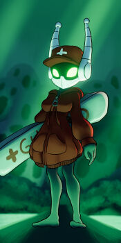 1girl absurdres antennae arthropod_girl barefoot baseball_cap black_skin bodyboard borrowed_character breasts bug collarbone colored_skin cross cross_print glowing glowing_eyes green_background green_eyes hat highres hollow_knight hollow_knight:_silksong hood hoodie hornet_(hollow_knight) lifeguard light_rays long_sleeves looking_at_viewer mechanization medium_breasts non-humanoid_robot original oversized_clothes oversized_hoodie print_headwear red_cross red_hat red_hoodie robot robot_animal rock sara_(critatonic) soandnb standing