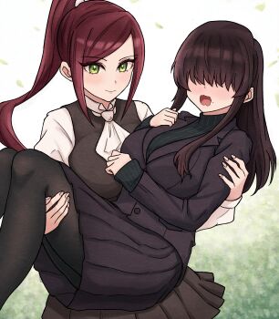 2girls absurdres ascot black_hair black_jacket black_pantyhose black_skirt black_vest blush breasts brown_hair carrying chinese_commentary commentary commentary_request english_commentary falling_leaves female_focus green_eyes hair_over_eyes high_ponytail highres jacket kakure_meme kimi_no_koto_ga_dai_dai_dai_dai_daisuki_na_100-nin_no_kanojo large_breasts leaf long_bangs long_hair long_sleeves mixed-language_commentary mole multiple_girls open_mouth pantyhose pigsir13152 pleated_skirt ponytail princess_carry school_uniform shirt skirt torotoro_kishika vest wavy_mouth white_ascot white_shirt