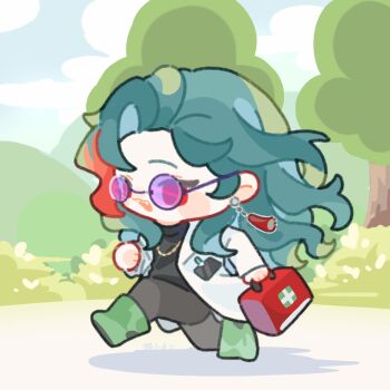 1boy bag black_pants blue_sky chibi cloud coat commentary earrings green_hair green_shoes hashtag-only_commentary highres hill holding holding_bag jewelry kaisei_(1st_costume)_(nijisanji) kaisei_(nijisanji) long_hair male_focus messy_hair multicolored_hair necklace nijisanji outdoors pants purple-tinted_eyewear red_eyes red_hair running shoes shuxingbuming_moxiaobai sky solo streaked_hair sunglasses tassel tassel_earrings tinted_eyewear tree virtual_youtuber white_coat