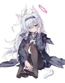 1girl absurdres animal_ears black_coat black_pantyhose black_sailor_collar black_serafuku black_shirt black_skirt blue_archive cat_ears cat_girl cat_tail coat commentary_request doodle_sensei_(blue_archive) grey_eyes grey_hair hair_over_one_eye halo highres long_hair long_sleeves looking_at_viewer mogurine no_shoes panties pantyhose pink_nails plana_(blue_archive) red_pupils sailor_collar school_uniform sensei_(blue_archive) serafuku shirt simple_background skirt solo tail translation_request underwear white_background